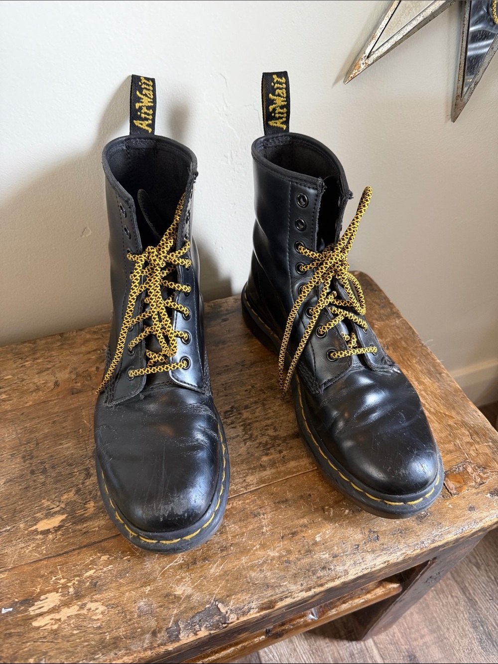 Dr. Martens Black Leather 8-Eye Boots with Yellow Accents Size 38
